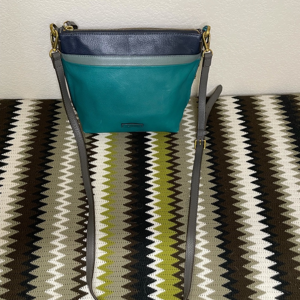 Teal and Navy Fossil leather crossbody purse